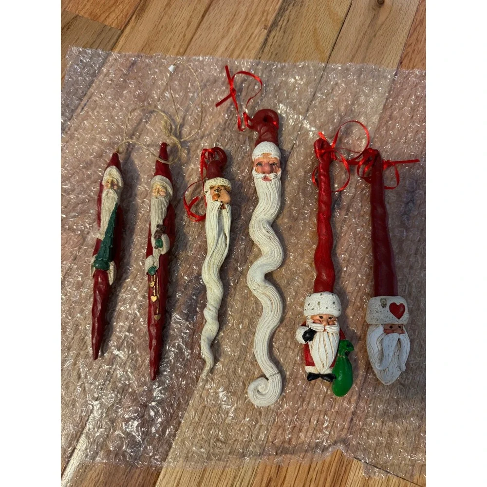 Vintage Folk Art Santa Claus Icicle Ornaments Set of 6 Hand Painted Christmas